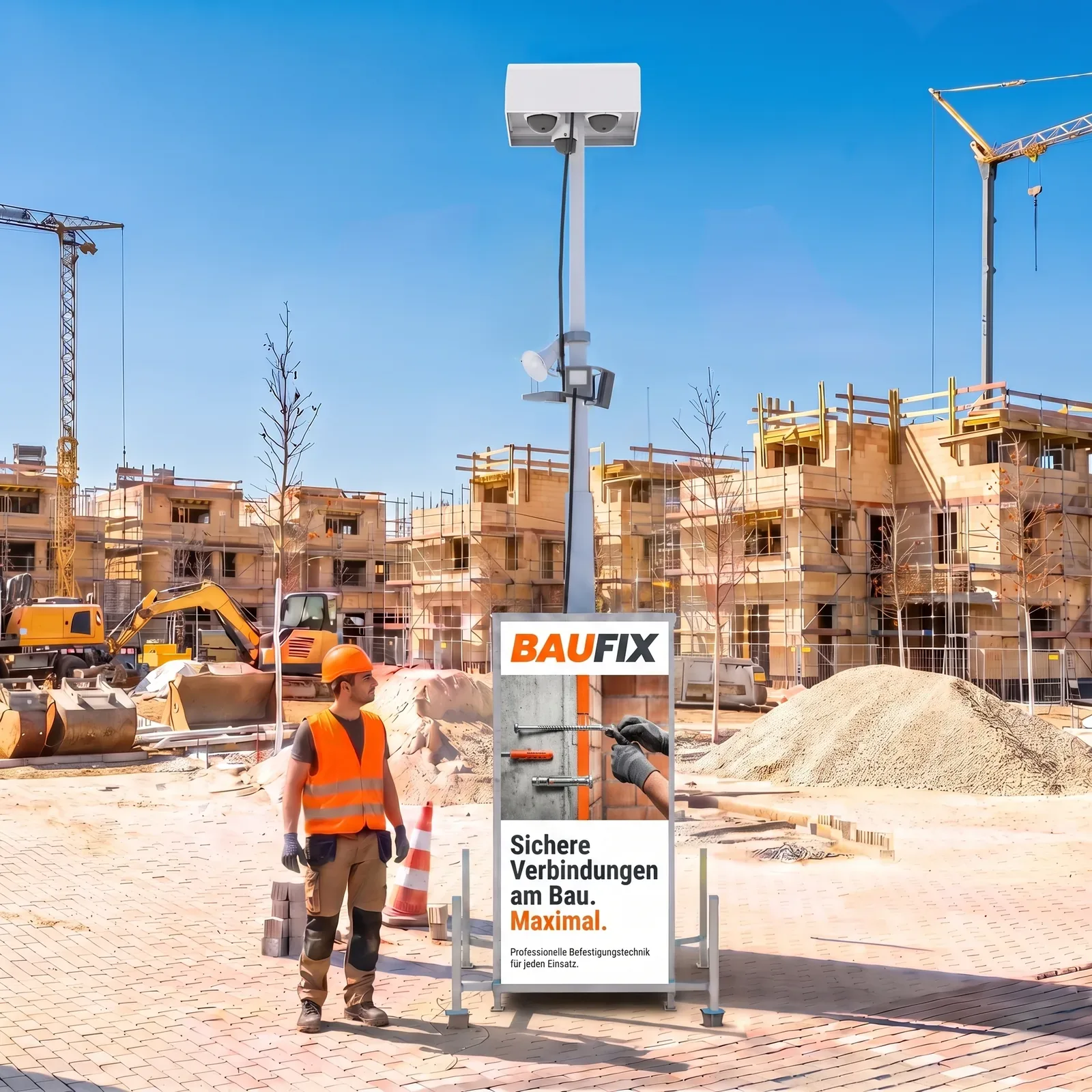 Baufix-Werbung auf der Seitenfläche eines Videoüberwachungsturms auf einer Baustelle, Beispielmotiv