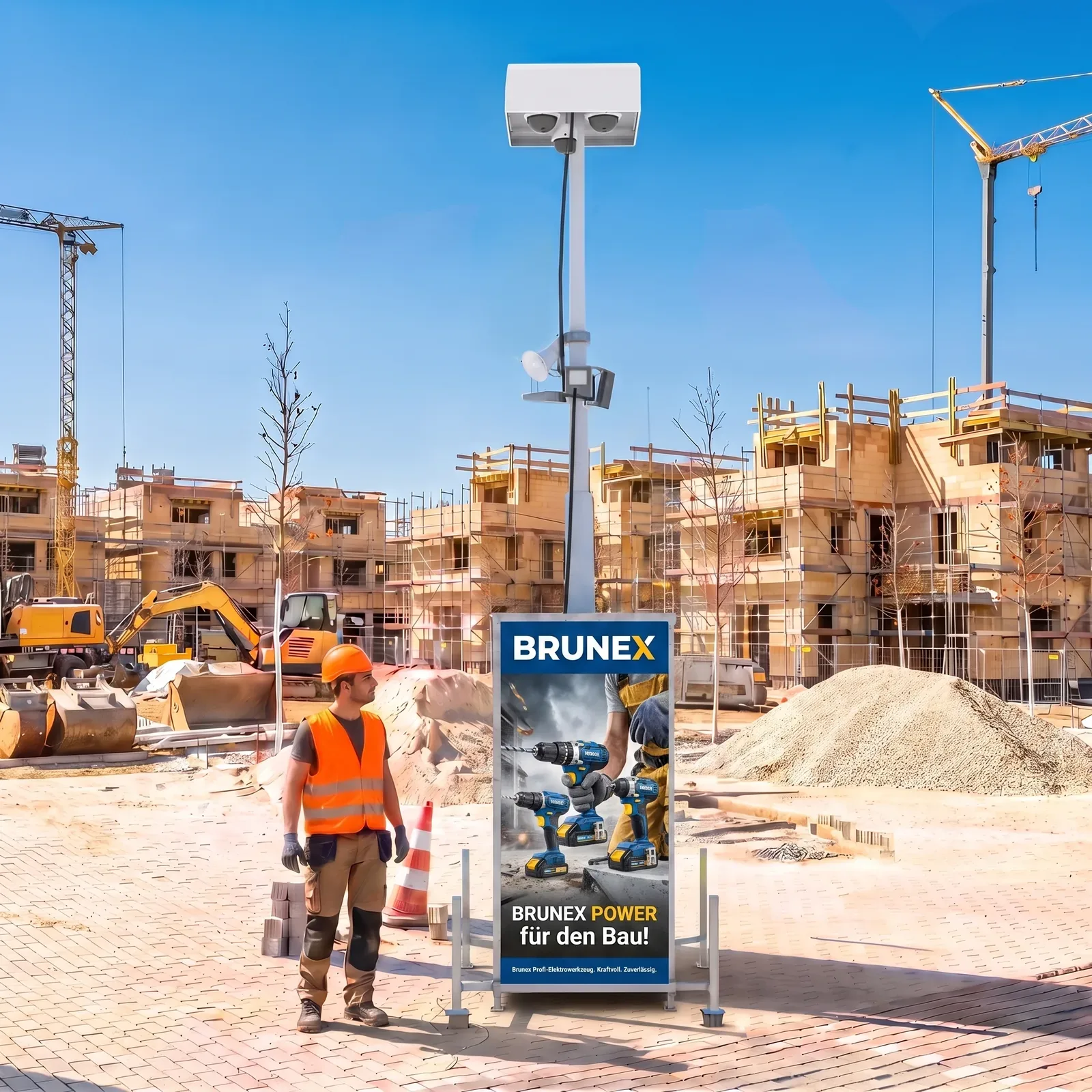 Brunex-Werbung auf der Seitenfläche eines Videoüberwachungsturms auf einer Baustelle, Beispielmotiv