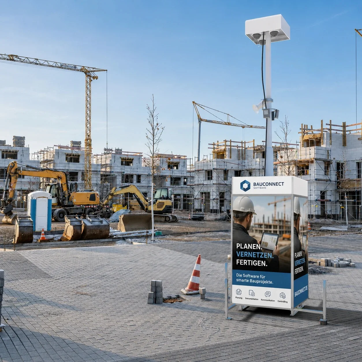 Konzeptmotiv: Seitenwand-Werbefläche an einem mobilen Überwachungsturm auf einer Baustelle
