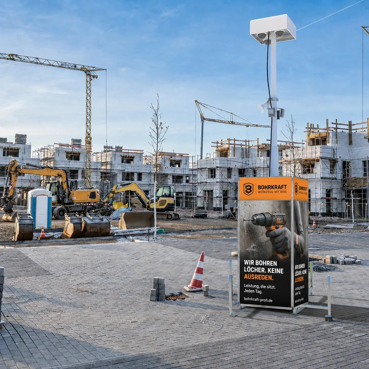 Konzeptmotiv: Kopf- und Header-Werbefläche an einem mobilen Überwachungsturm auf einer Baustelle