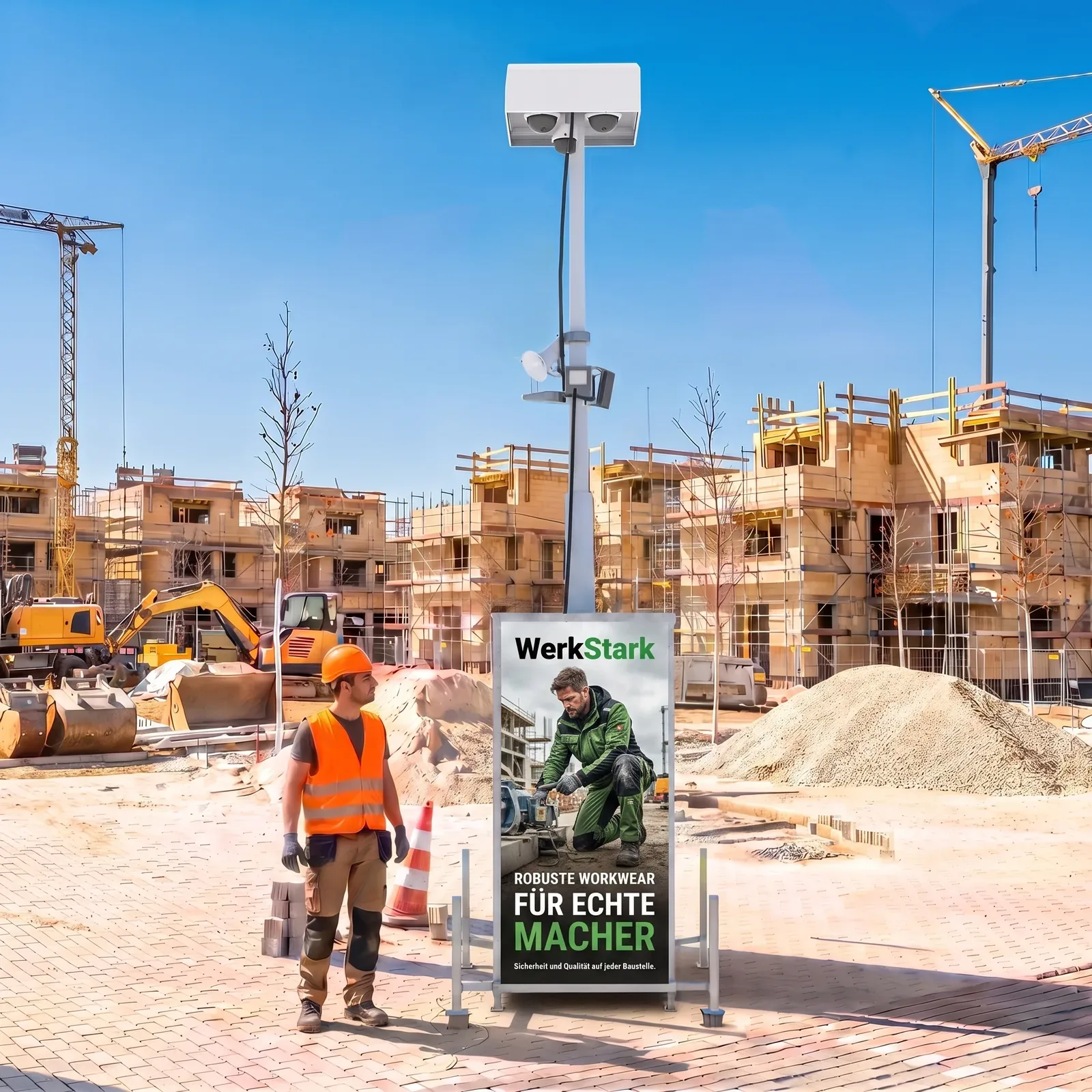 WerkStark-Werbung auf der Seitenfläche eines Videoüberwachungsturms auf einer Baustelle, Beispielmotiv